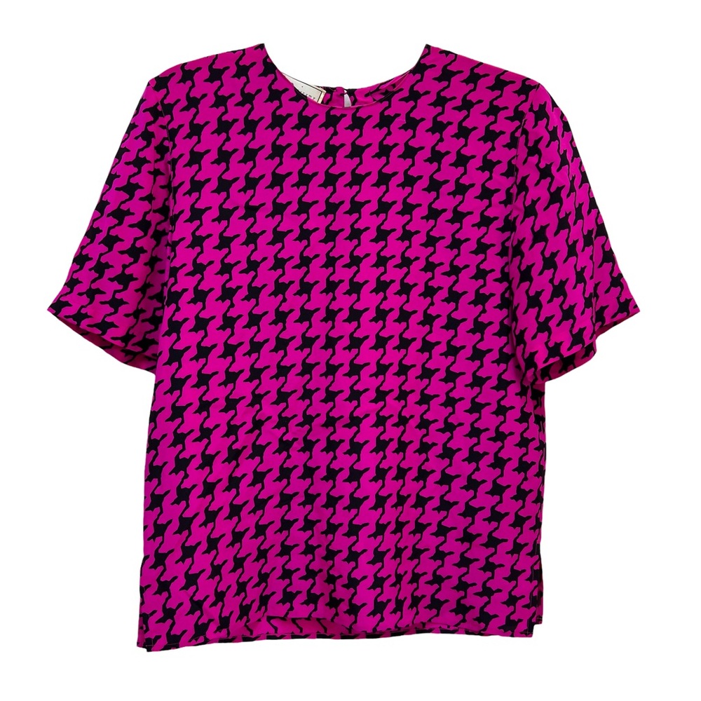 100% Silk Hot Pink Houndstooth Vintage 80s Spenser Jeremy Popover Blouse Preppy